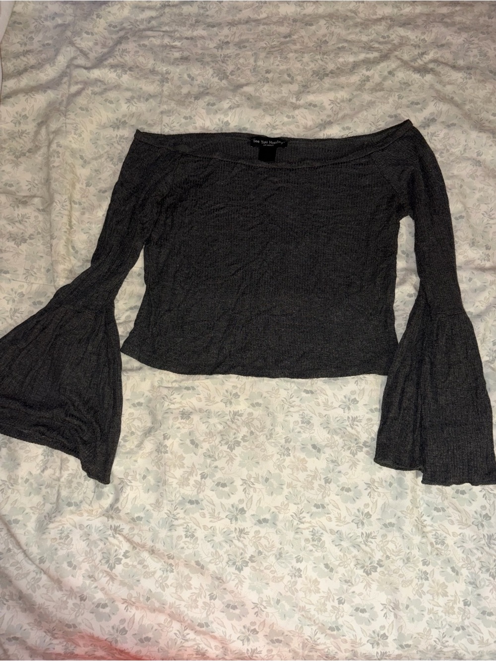 See You Monday Dark Gray Off-Shoulder Bell Sleeve Crop Top